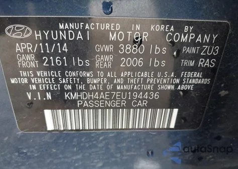 2014 Hyundai Elantra Se (Ulsan Plant) z USA, uszkodzony, nr VIN KMHDH4AE7EU194436